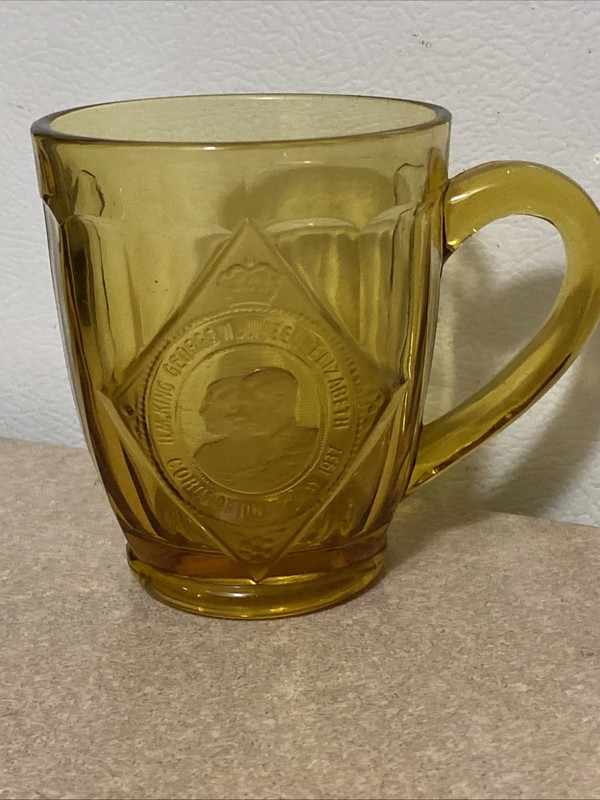 1937 Coronation Amber Glass Mug King George VI & Queen Elizabeth Embossed
