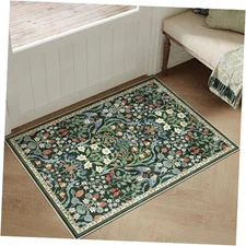 2x3 Washable Dark Green Floral Area Rug for Living Room Non-Slip Soft Throw 