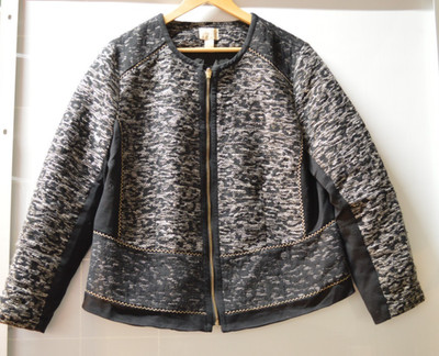 Chico s Textured Zip Front Jacket Black White Gold Trim Size 3
