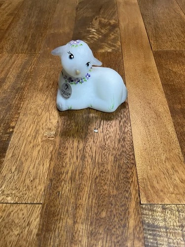 Fenton Art Glass Hand Painted Mothers Day Lamb Figurine White Opal Glass 5"