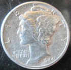 1944-D MERCURY DIME, 90% SILVER  AU CONDITION FULL BANDS, CIRCULATED NOT CLEANED