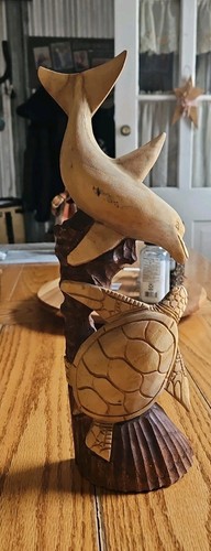 Large Hand Carved  Wood Sea Turtle and Dolphin 16"