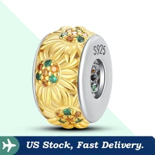 KUNSIR Sterling Silver Charm For Bracelet Gold Sunflower Bead Charm Jewelry DIY