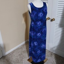 Chadwick's size 4 Sleeveless Floral Side-Slit Blue Long Tie-Waist A-Line Dress