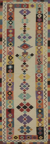 Ivory Geometric Wool Kilim Oriental 18 ft Runner Flat weave Reversible Rug 5x18 - Picture 1 of 12