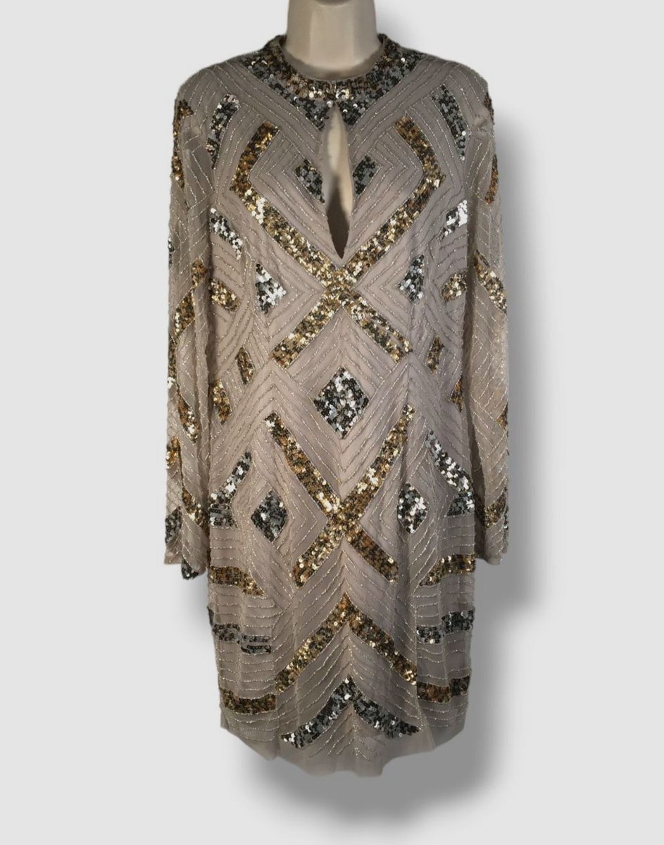 $351 Aidan Mattox Women's Beige Crew Neck With Keyhole Long Sleeve Dress  Size 10
