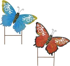 Metal Butterfly Garden Stakes - Spring Decorative Yard Signs (Blue + Red)
