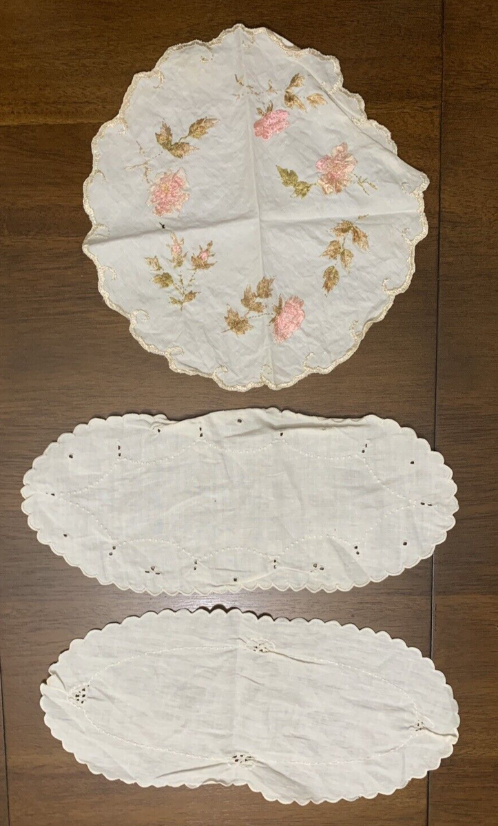 Vintage Lot of 3 Cutwork Small Embroidered Table Runner Dresser Scarves Doilies Vintage Lot of 3 Cutwork Small Embroidered Table Runner Dresser Scarves Doilies