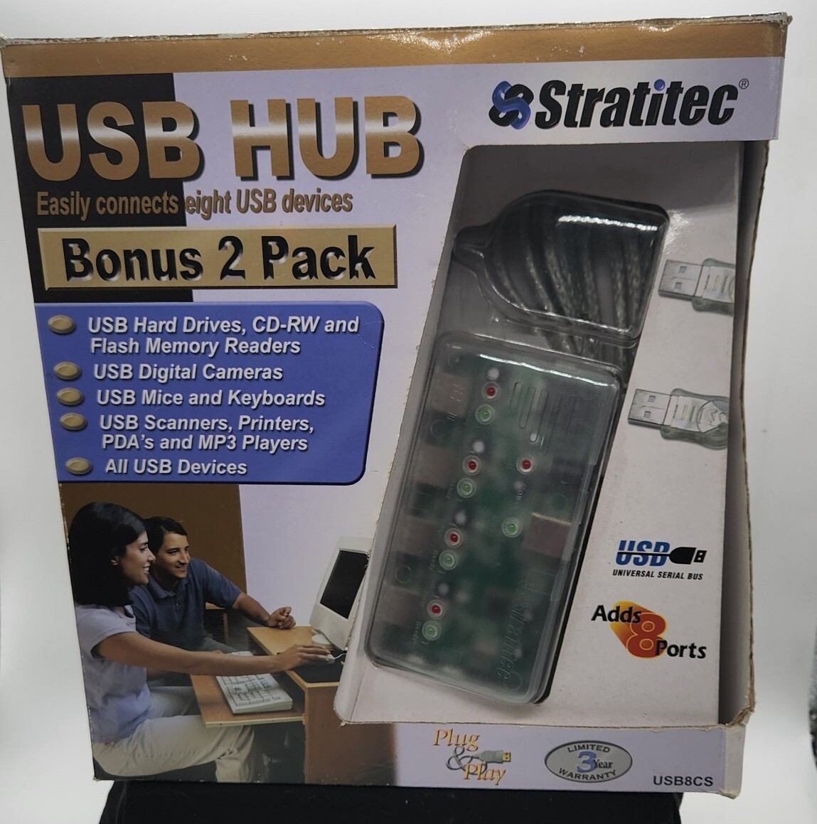 Stratitec 4 Port USB Hub Bonus 2 Pk NIB Connect 8 USB Devices Flash ...