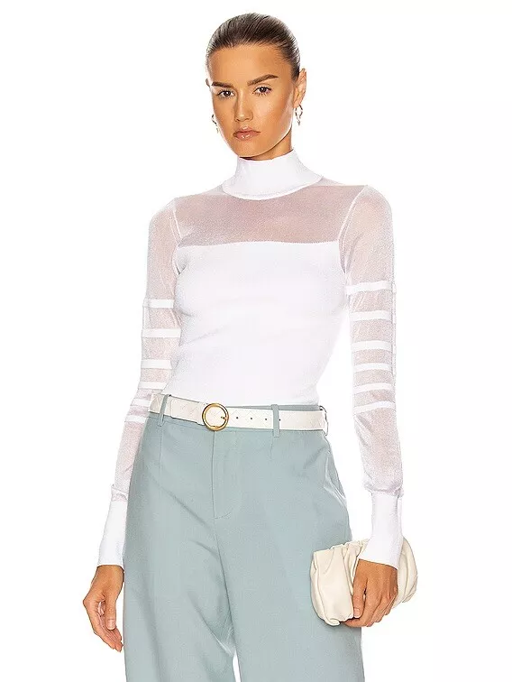 Cushnie Mock Neck Knit Top Sweater Sheer White Viscose Luxury M