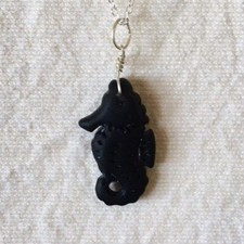 Seahorse Pendant Black Sea Glass 18" Silver Chain Beach/Costal