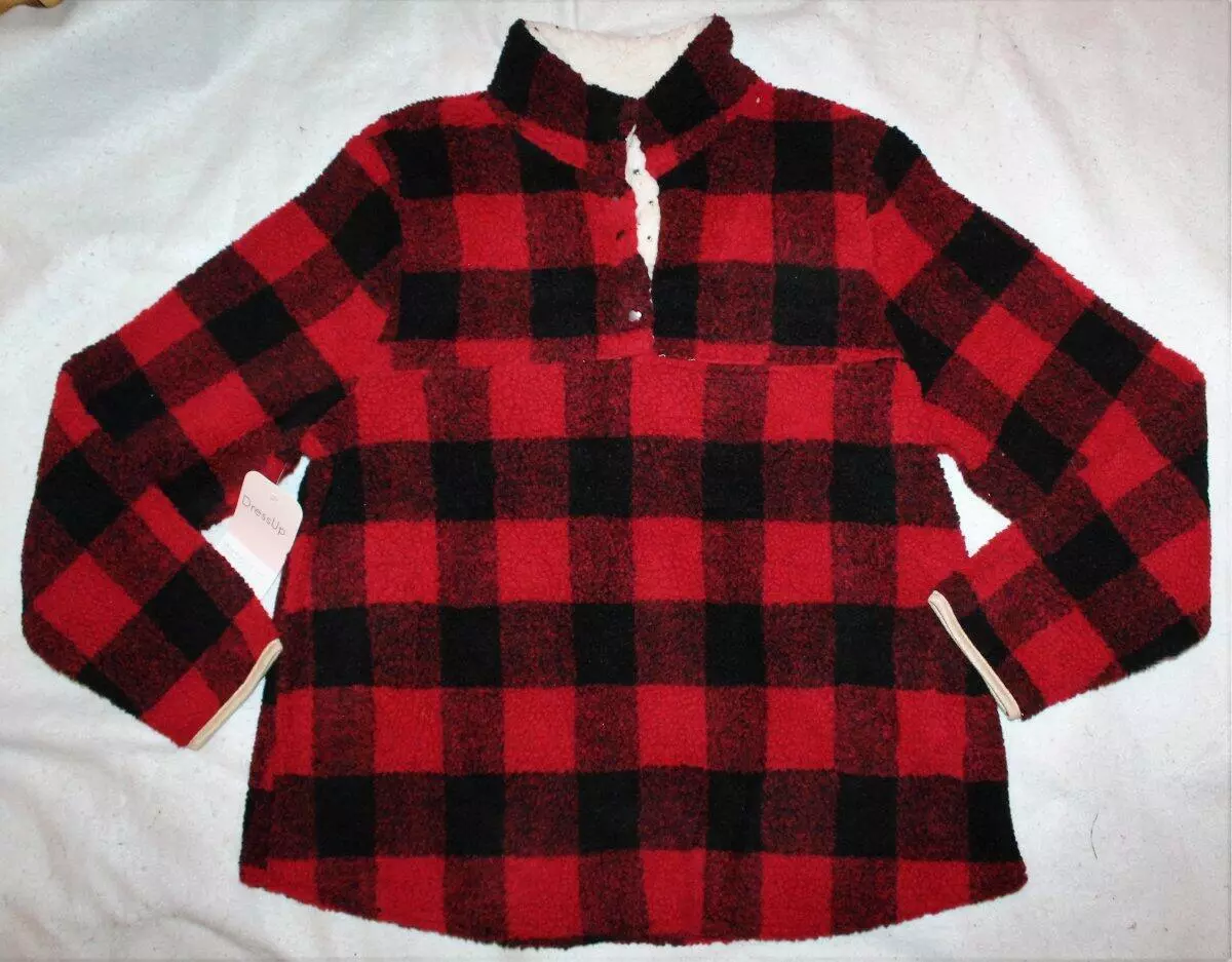NWT Boutique Andree Red Black Buffalo Plaid 1 4 Button Brushed Sweatshirt Large