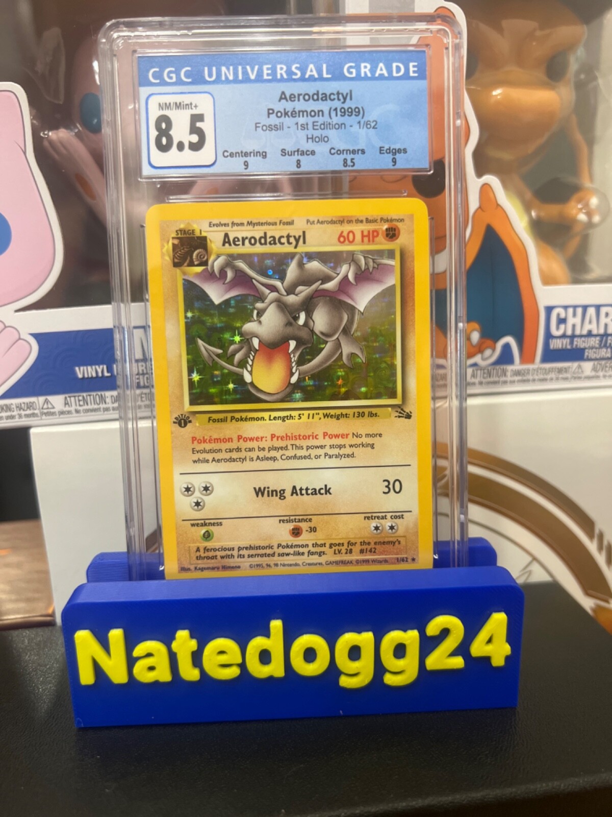 CGC 8.5 NM/MINT 1st Edition Aerodactyl 1999 Fossil #1/62 Holographic! W Subs