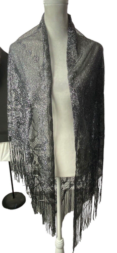 Metallic Shawl Women Scarf One Size Silver Gray Sparkle Fringe Classic Chic 1-6