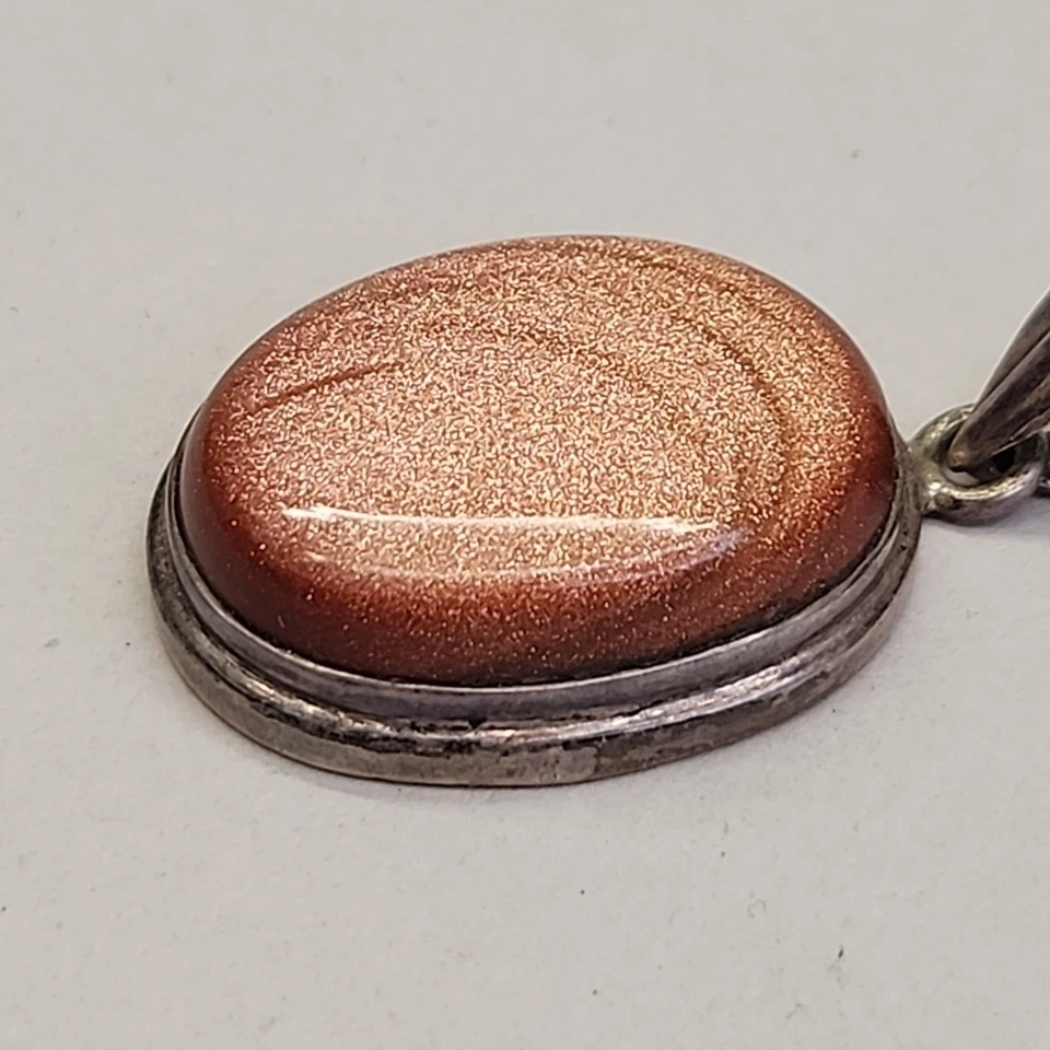 Goldstone Pendant 925 Sterling Silver Peach Oval Glass Bezel Set 1.75" - Image 2 of 4