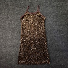 Vtg 90s Brown Crushed Velvet Gold Embroidered Floral Shift Dress Spaghetti Strap