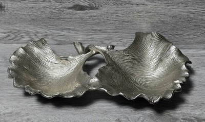 Doppelte silberne Messing Deko Schale mit Ginkgoblättern im Jugendstil