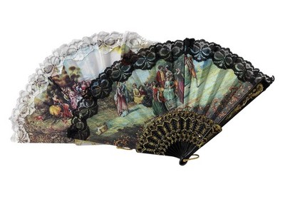 BLACK OR WHITE PLASTIC FAN AND FABRIC ANTIQUE PICTURE PRINT CM 26 CLOSED