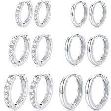 6 Pairs 925 Sterling Silver Small Hoop Earrings 6 Pairs Silver,8mm 10mm 12mm