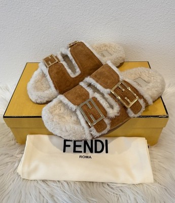 NIB FENDI FEEL Sheepskin Shearling Fur FF Slide Baguette Sandal Mule Flat 39.5