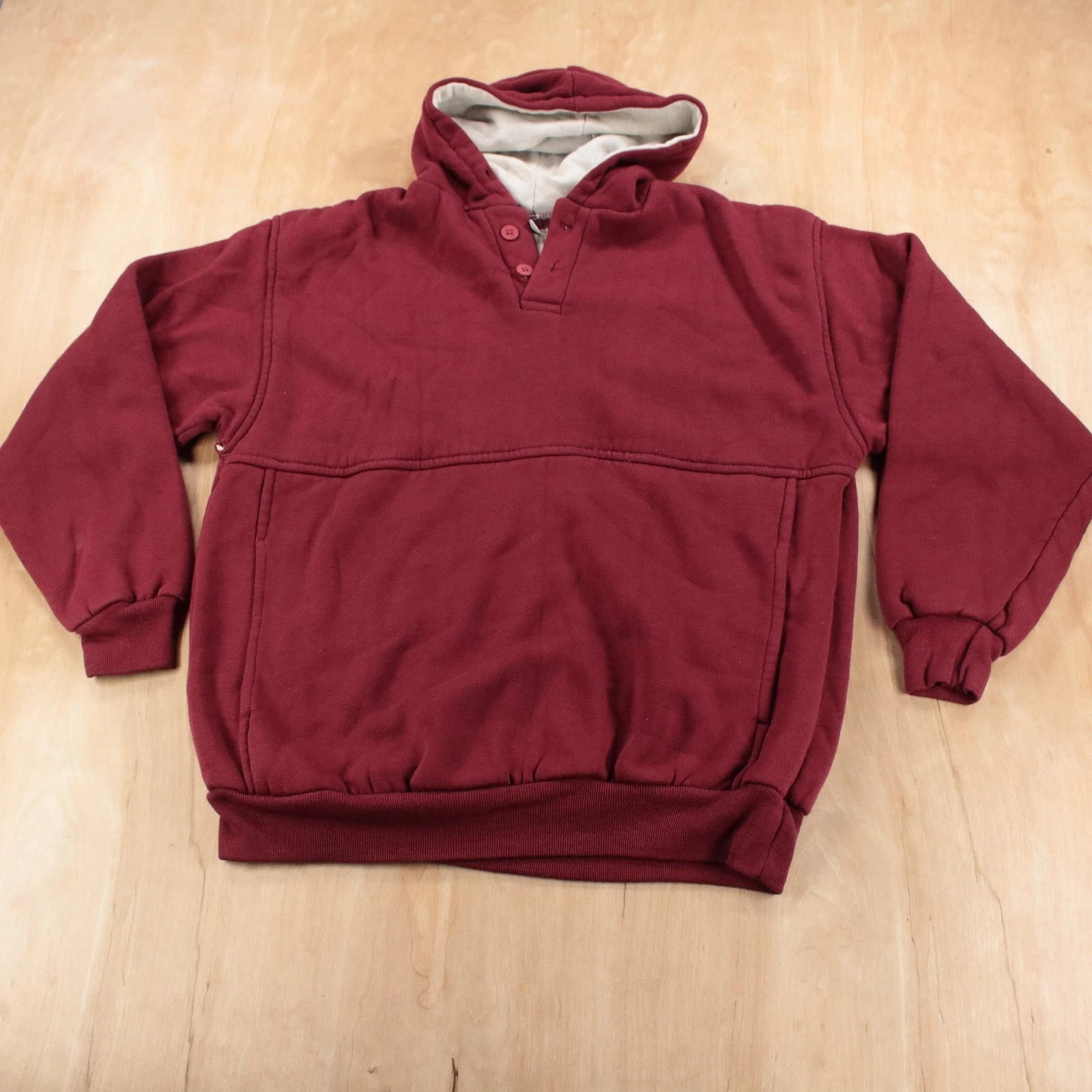 vtg Athletic Works thermal lined blank acrylic henley hoodie sweatshirt LARGE