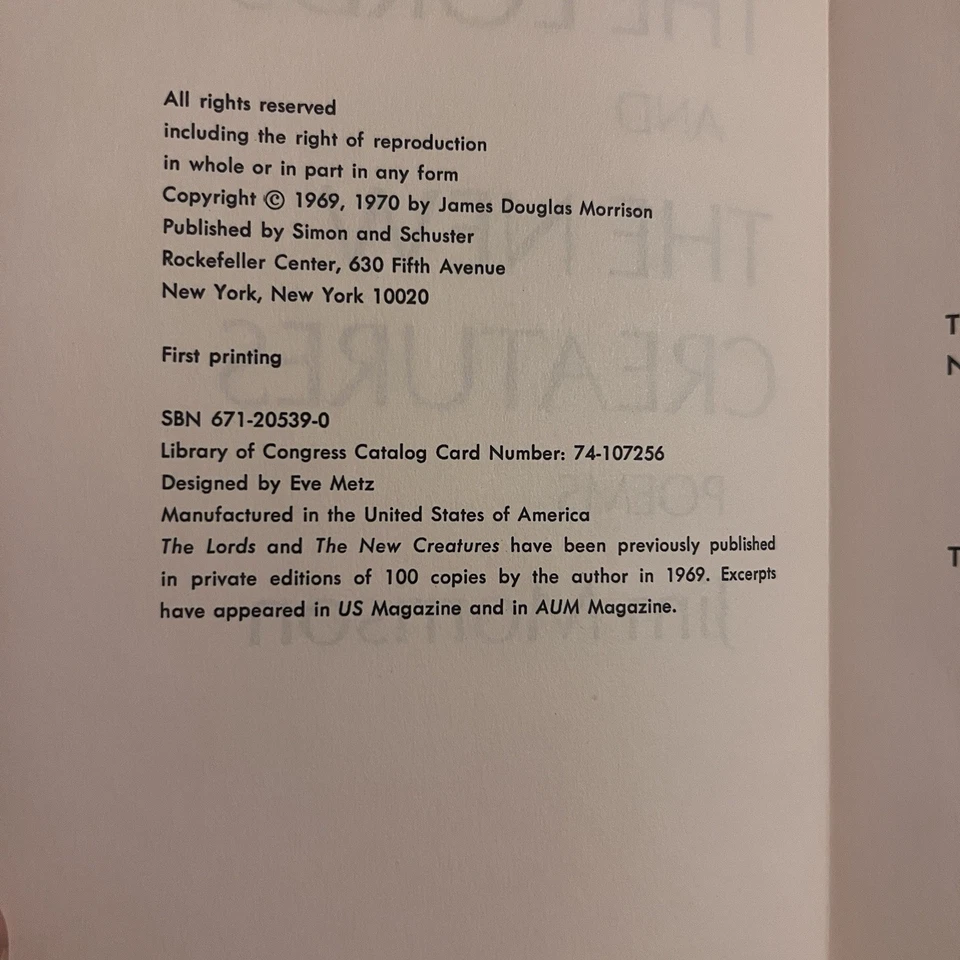 The Lords and the New Creatures 1st Ed Jim Morrison Hardcover Doors HCDJ Poems Foto 3 de 4