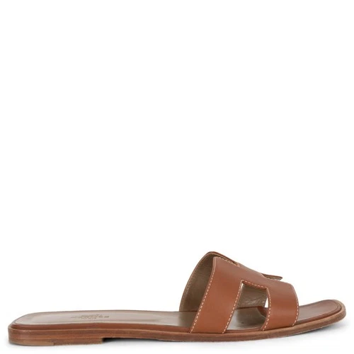 71594-1 auth HERMES Gold tan brown leather ORAN Slide Sandals 41.5