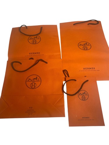 Hermes Set Of 4 Orange Shopping Bags With Brown Handles Various Sizes 100% Recyc