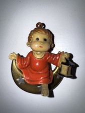 Vintage Christmas Ornament Angel Holding Candle Sitting On Crescent   Moon