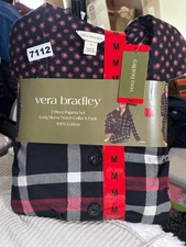 Vera Bradley 2 Piece Pajama Set Womens Size L Red Black Plaid Cotton Long Sleeve
