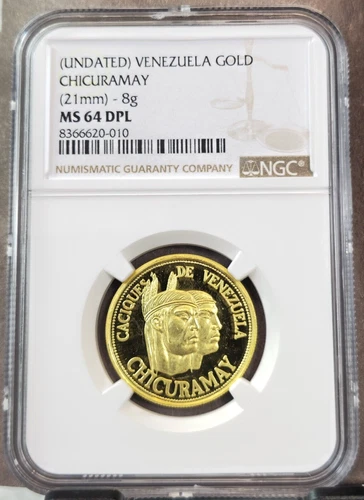 (1950s-60s) VENEZUELA GOLD CHIEF CHICURAMAY 8g NGC MS 64 DPL RARE BU TOP POP 1