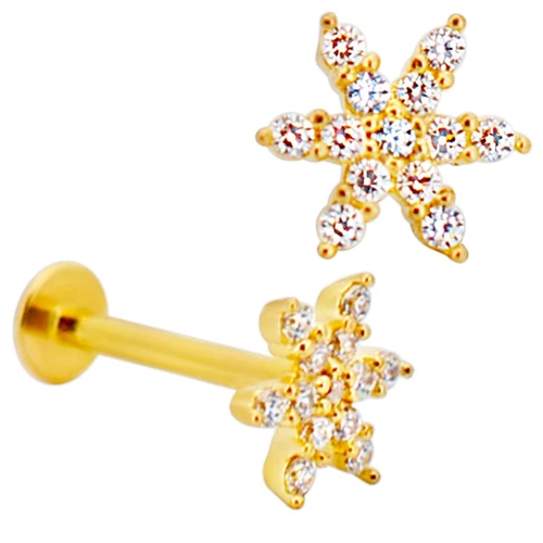 14k Yellow Gold Cubic Zirconia Studded Flower Labret Flat Back