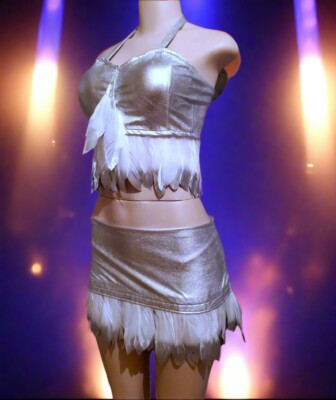 Silver Metallic Feather Top & Skirt, Exotic Dancer, Stripper Wear