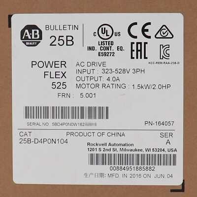 Allen-Bradley 25B-D4P0N104 PowerFlex525 1.5kw/ 2.0HP Stock New Sealed
