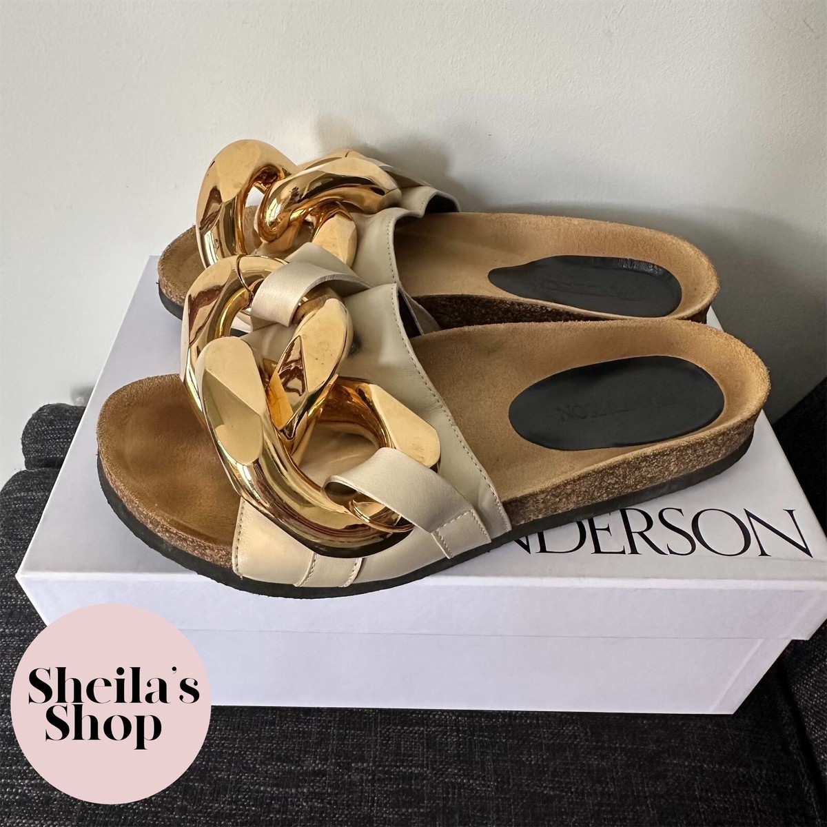 JW Anderson Gold Chain-Embellished Slide Beige Leather