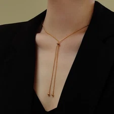 Woman 18K Gold Plated Stainless Steel Knot Tassel Charm Slide Bead Snake Chain 