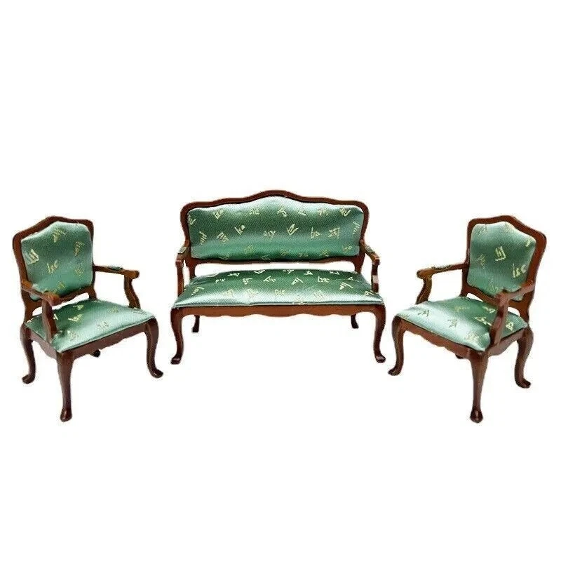 1:12 Casa de Muñecas Modelo Salón Tela Verde Sofá y Sillas Juego Tres Piezas Nuevo Foto 2 de 4