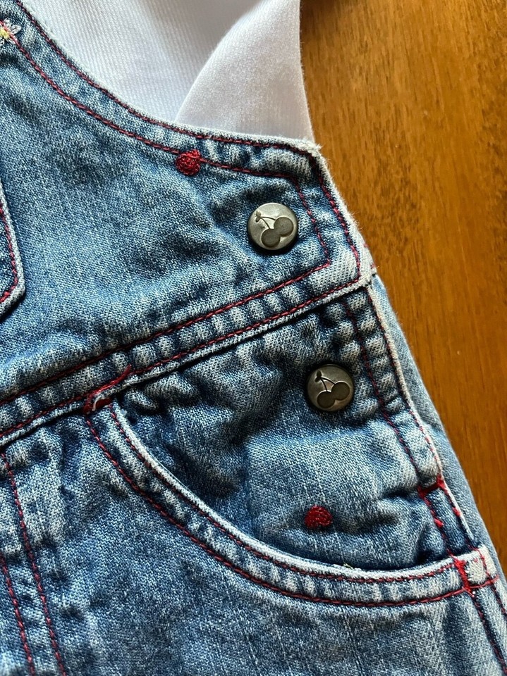 Vintage Carters Baby Girl Cherry Jean Overalls Romper Embroidered 612M
