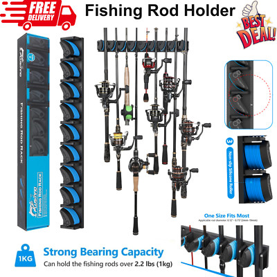 Vertical Fishing Rod Holder Wall Mounted Organizer Rack Blue Garage 9 Rods Pole