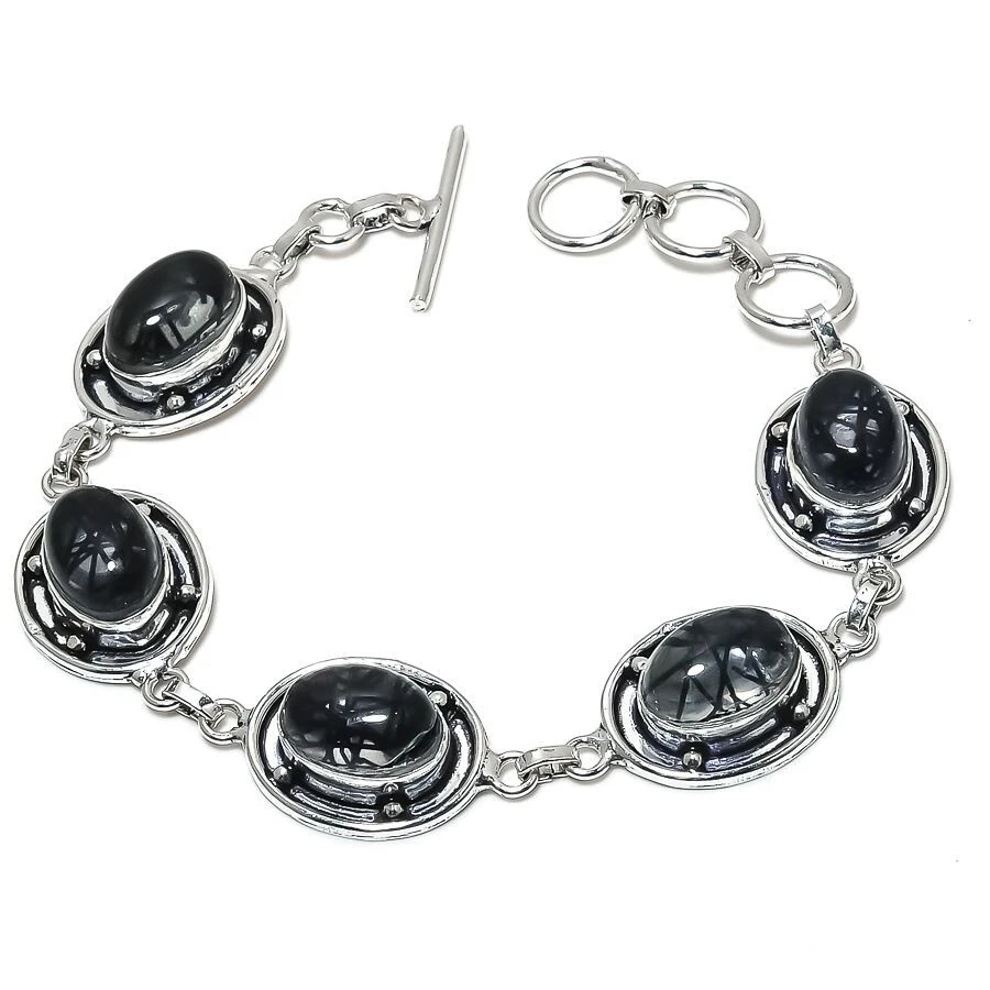 VALENTINO Bracciale gioielli in argento sterling 925 fatto a mano con pietre preziose quarzo rutilato misura 7 8"
