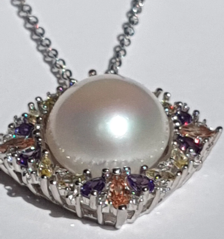 Cultured Pearl Solid Sterling Silver Gemstone Pendant 45cm Silver 925 Necklace - image 2 of 4