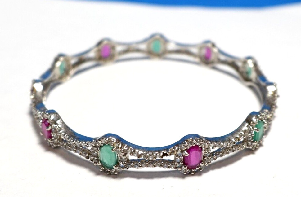 STERLING SILVER EMERAD RUBY CLEAR STONE BANGLE BR… - image 1