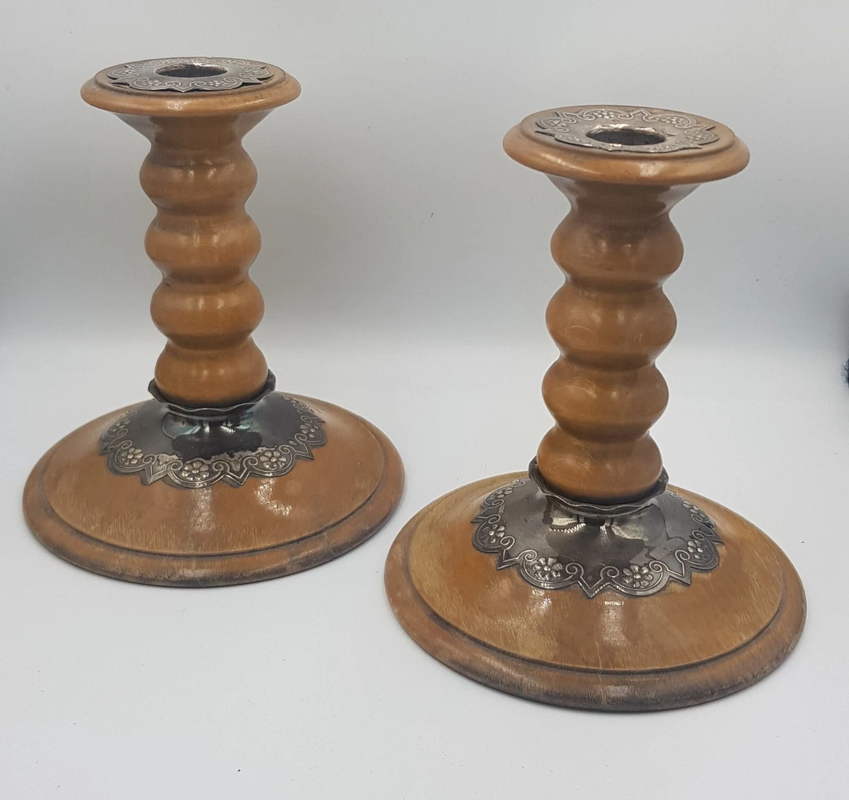 Vintage pair wood wooden Norwegian candlesticks candleholders