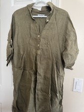 Elena Baldi Italian 100 Linen Olive Green Tunic Dress Pocketed Size Large