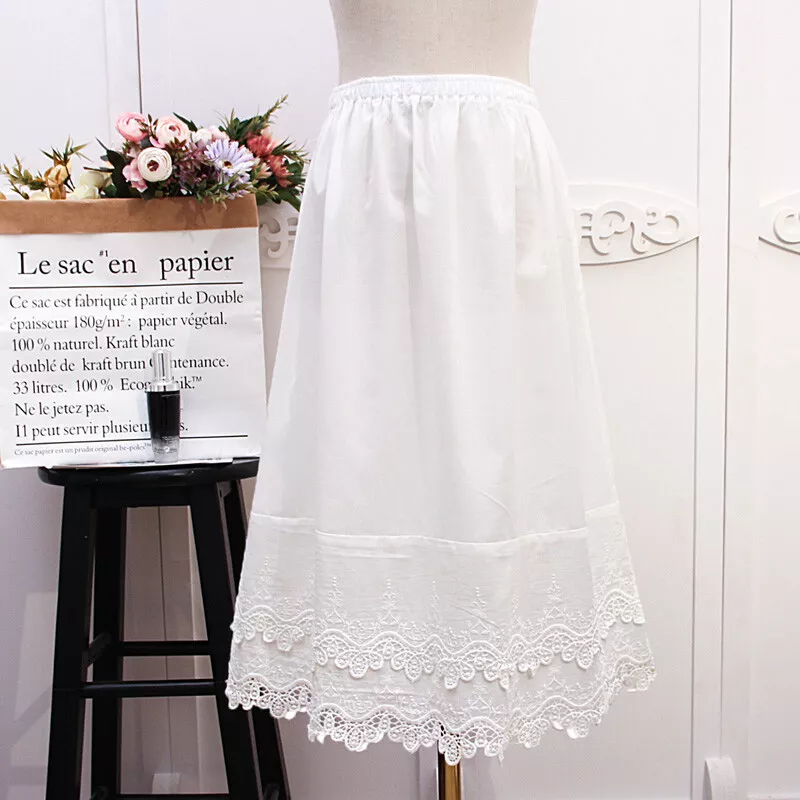 Women Petticoat Underskirt White Cotton Lace Trim A-Line Half Slip Safety  Skirt