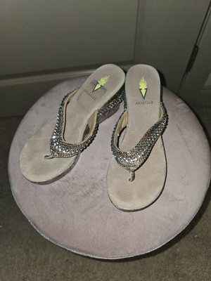 Volatile Beige Black Snakeskin Animal Print Thong Wedge Sandals Rhinestone US 7