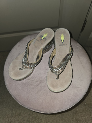 Volatile Beige Black Snakeskin Animal Print Thong Wedge Sandals Rhinestone US 7