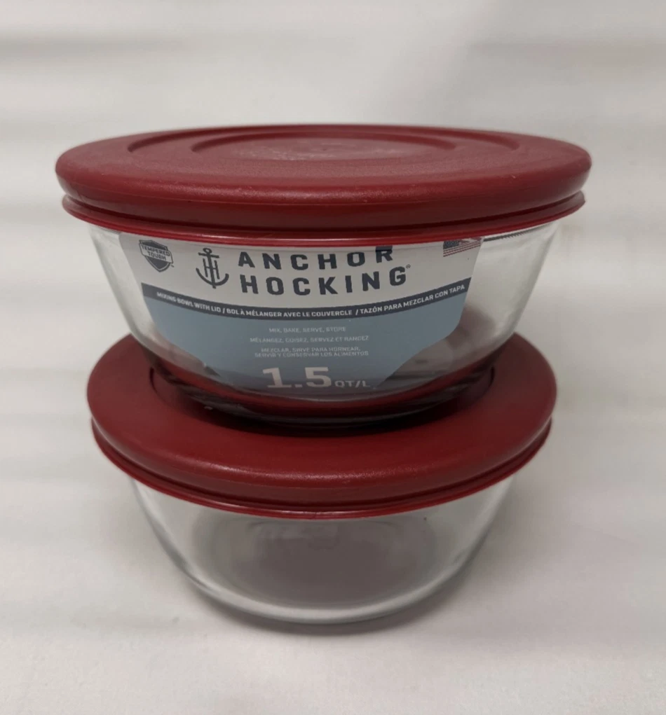 Anchor Hocking Glass Mixing Bowls Set of 2, Cherry, 1.5 Quart - NEW