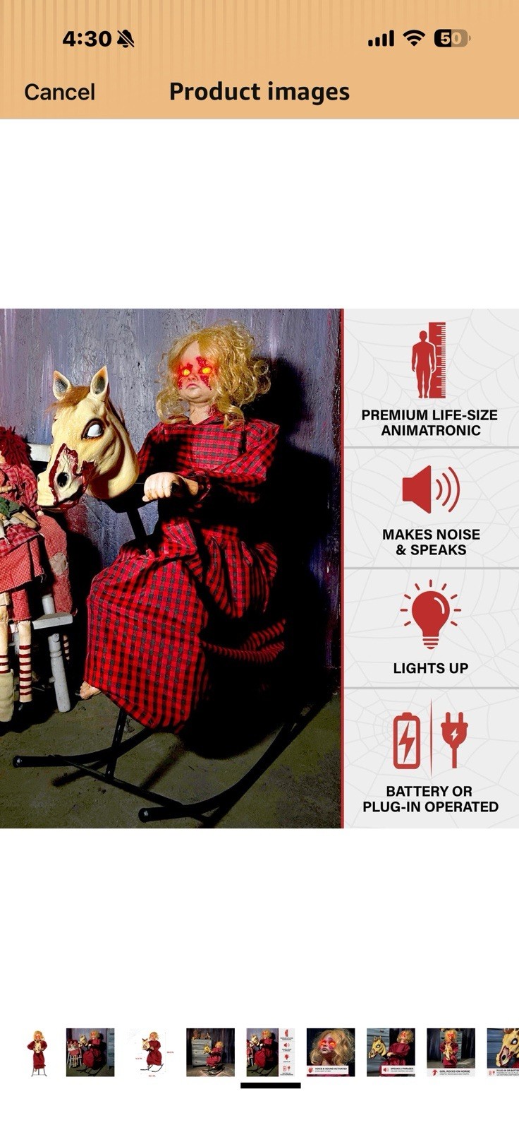 Haunted Hill Farm 3.2-Ft Animatronic Rocking Horse Girl, Halloween 