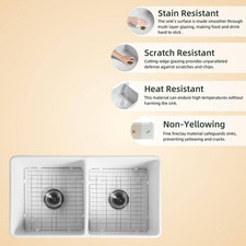 33 In. Double Bowl Farmhouse Kitchen Sink, White Reversible Fireclay Apron Si...